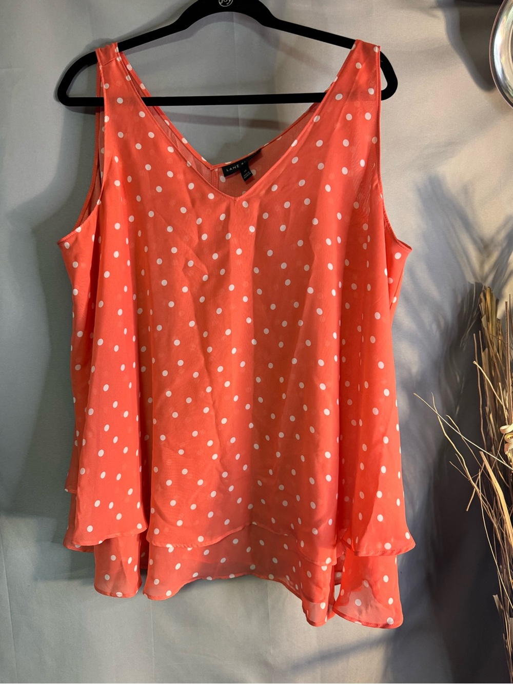 Lane Bryant Coral Polka Dot Layered V-Neck Sleeveless Blouse